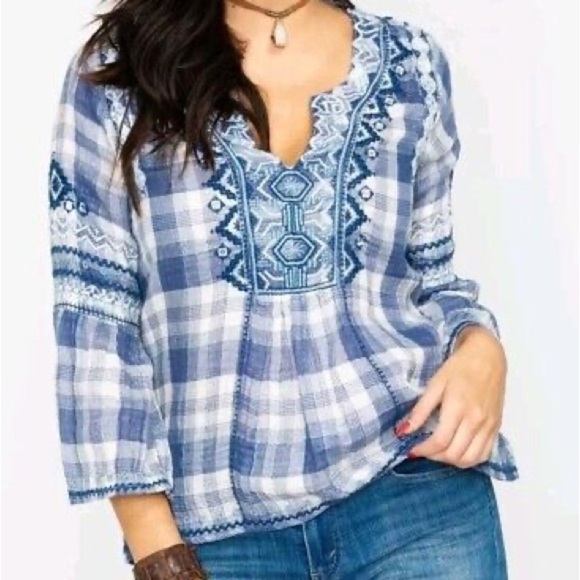 Johnny Was Blue Simonee Plaid V-Neck Embroidered Flare Sleeve Blouse - Picture 1 of 8
